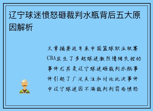 辽宁球迷愤怒砸裁判水瓶背后五大原因解析