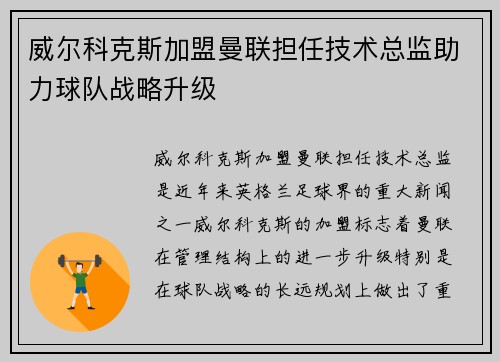 威尔科克斯加盟曼联担任技术总监助力球队战略升级